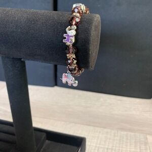 Purple Crystal Beaded Elephant Charm Stretch Bracelet Silver Tone Boho 6 Inch